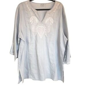 Womans Symple Linen‎ blouse size 1X organic linen beaded embroidered blue New